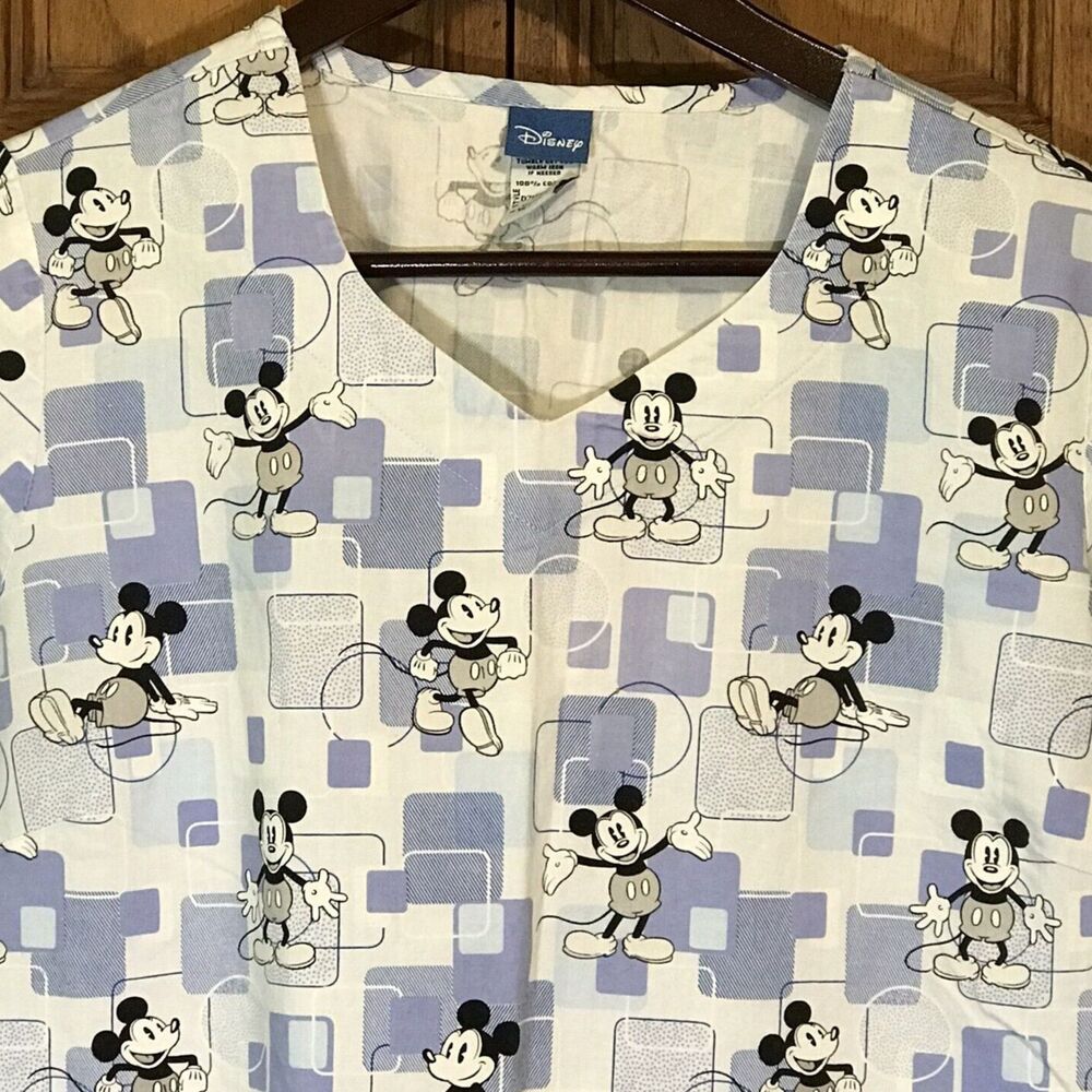 Disney Scrub Top Small Blue Mickey V-Neck Pockets Short Sleeve Tie Back Medical
